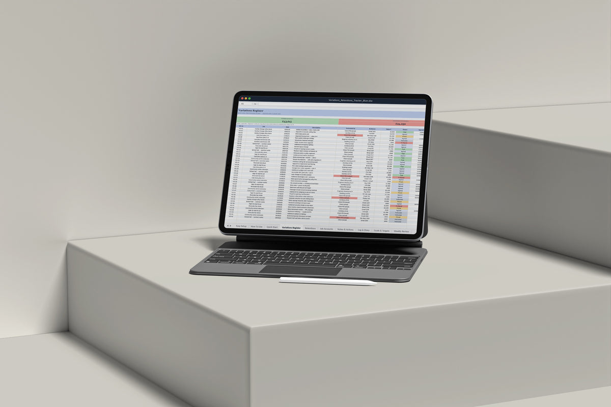 Variations and Retentions Tracker Excel template on an iPad with keyboard