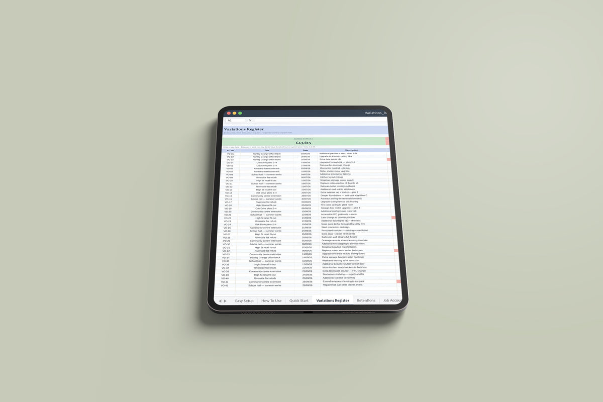 Variations and Retentions Tracker Excel template on an iPad Pro