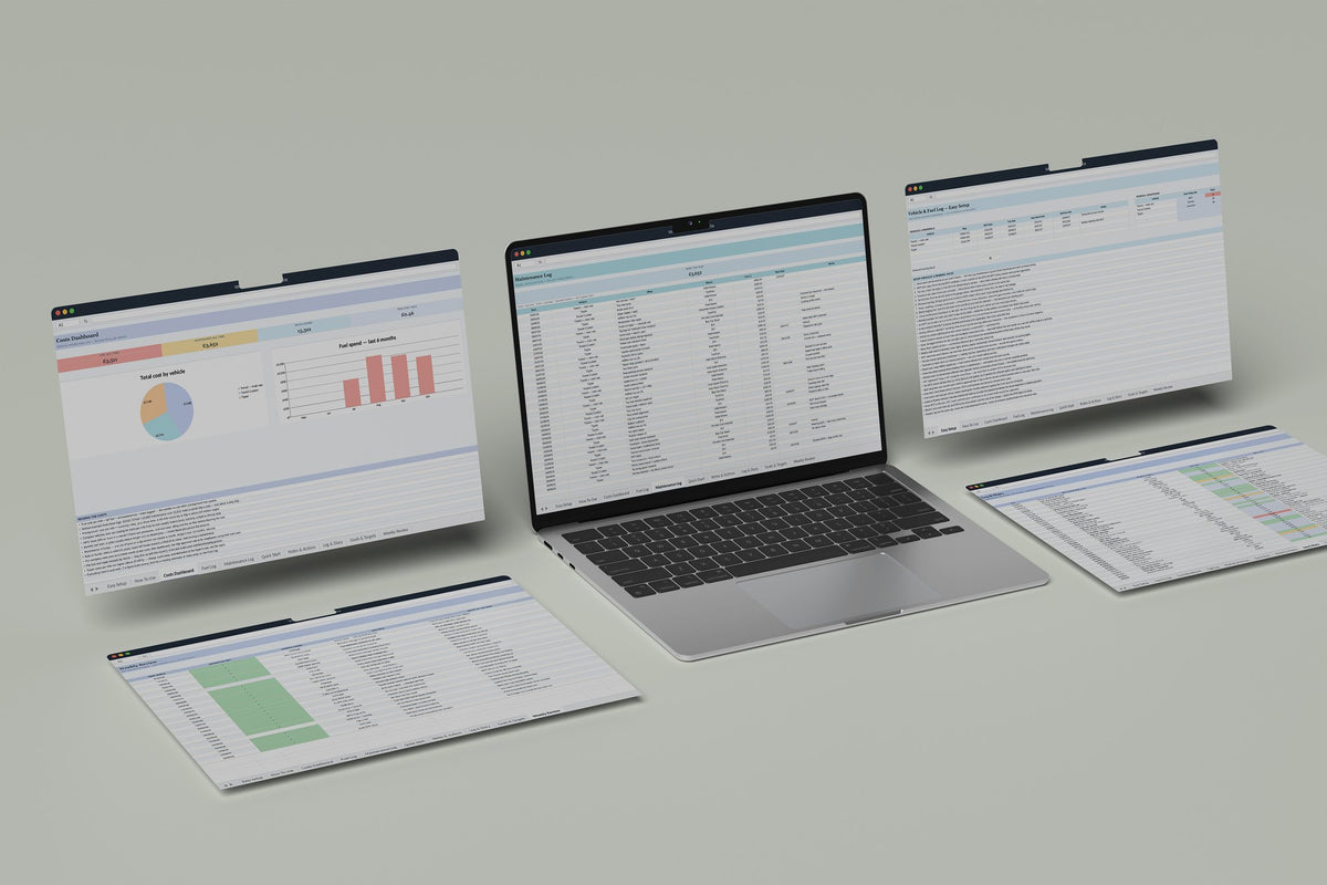 Vehicle and Fuel Log Excel template, Maintenance Log tab on a laptop screen