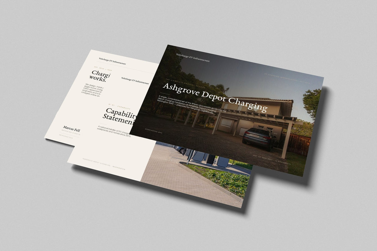 EV Charger Installer Project Pack in PowerPoint, printed pages floating