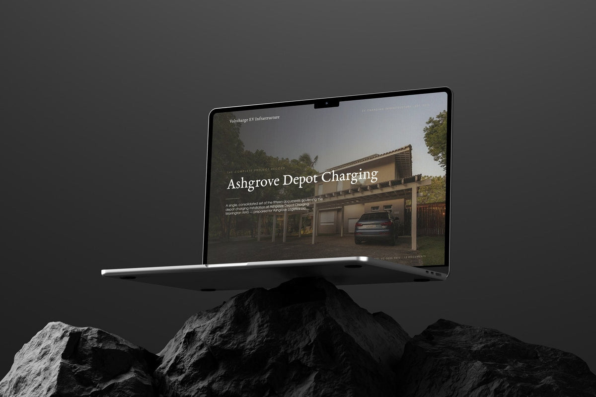 EV Charger Installer Project Pack in PowerPoint, shown on a laptop