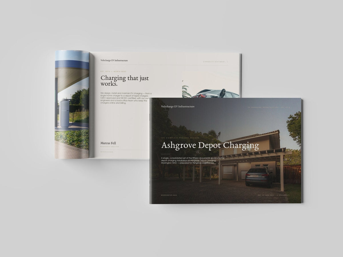 EV Charger Installer Project Pack in PowerPoint, printed and open at an inside page