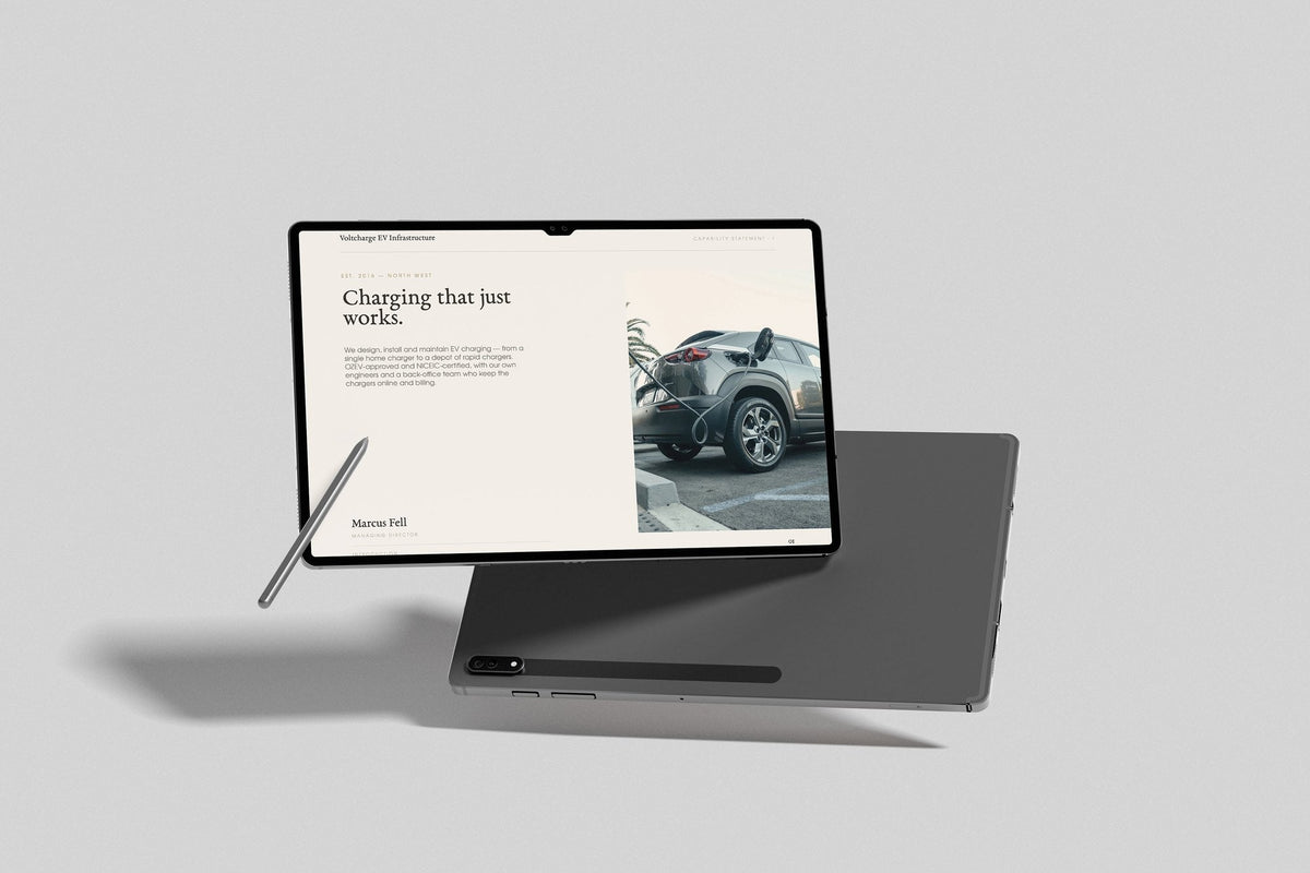 EV Charger Installer Project Pack in PowerPoint, inside pages shown on a tablet