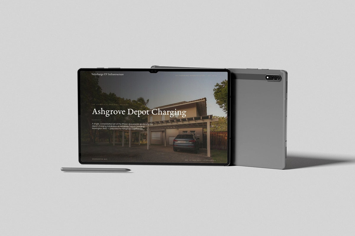 EV Charger Installer Project Pack in PowerPoint, shown on a tablet