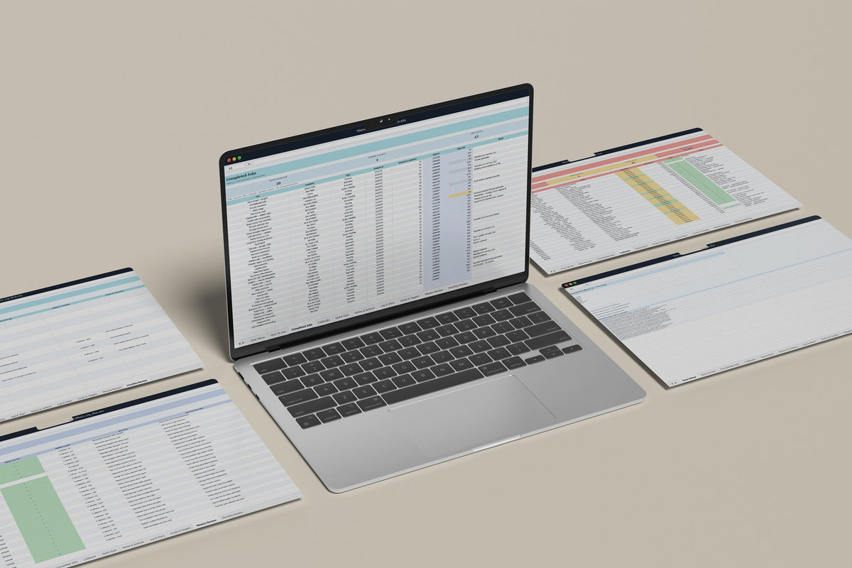 Warranty and Callback Log Excel template, Completed Jobs tab on a laptop screen