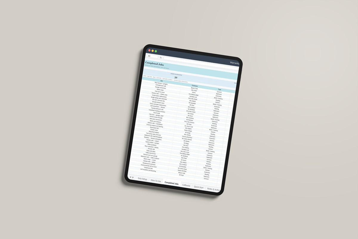 Warranty Callback Log Excel template on an iPad Pro