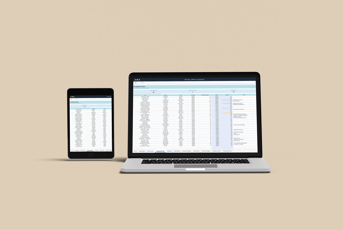 Warranty Callback Log Excel template on a MacBook and iPad, second view