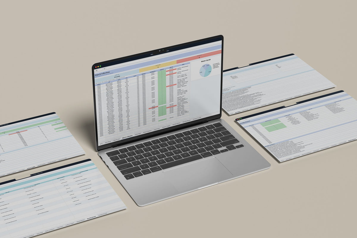 Waste and Skip Tracker Excel template, Skips and Collections tab on a laptop screen