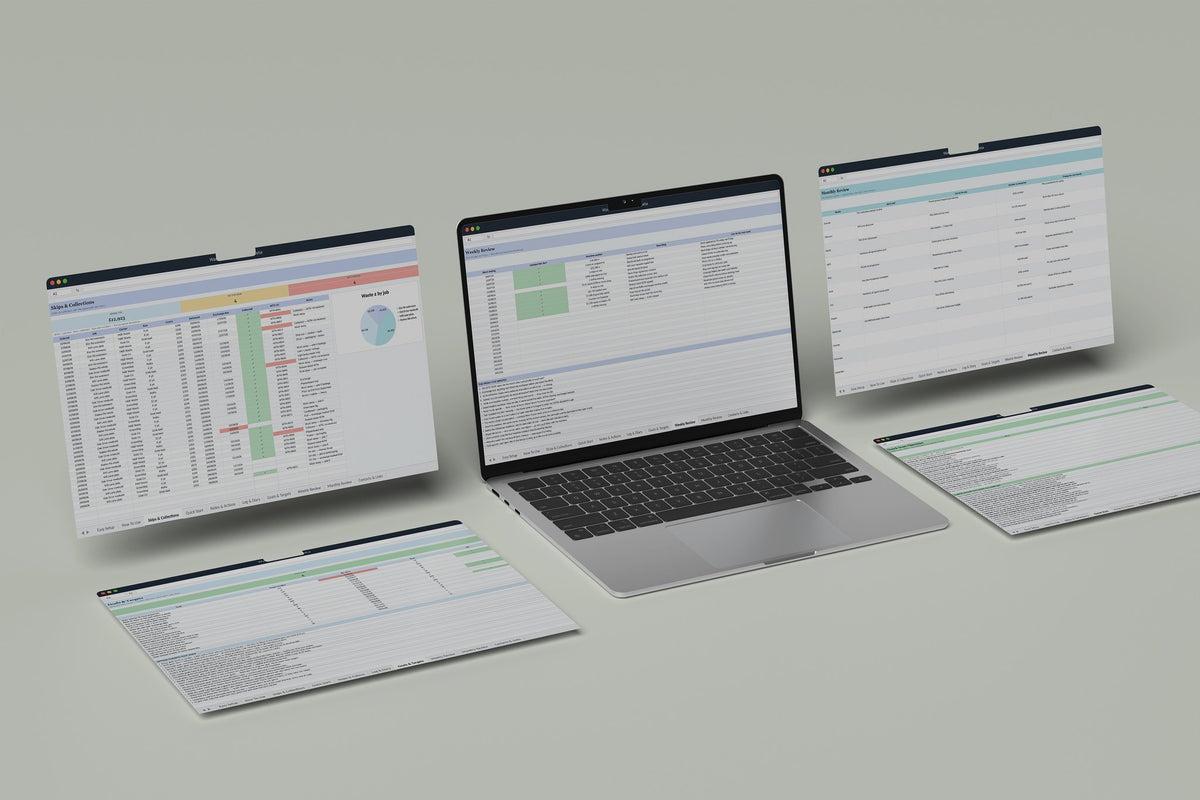 Waste and Skip Tracker Excel template, Weekly Review tab on a laptop screen