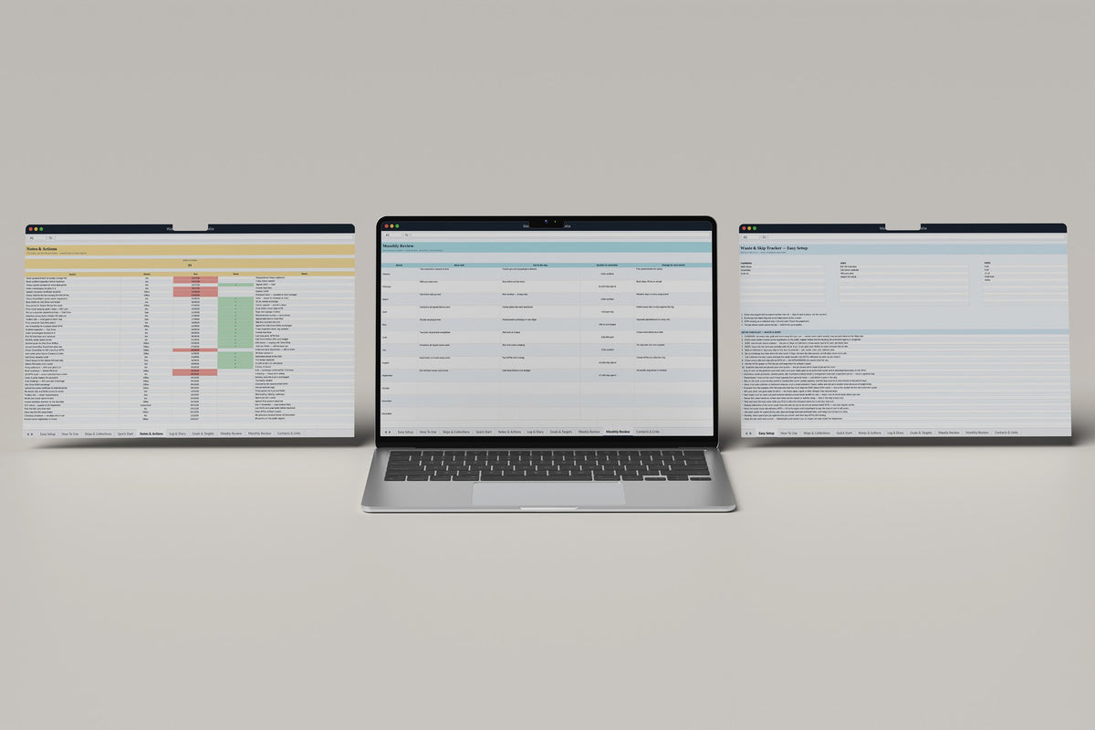 Waste and Skip Tracker Excel template, Monthly Review tab on a laptop screen