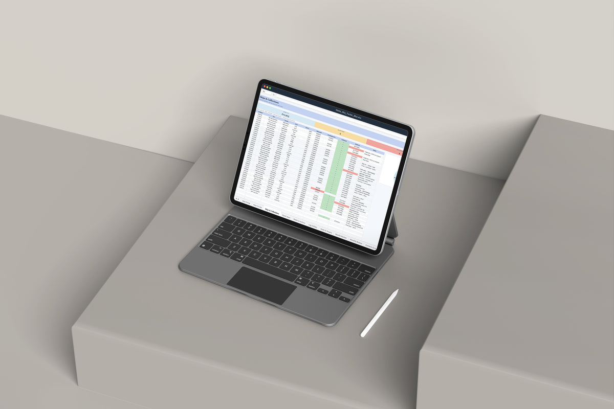Waste Skip Tracker Excel template on an iPad with keyboard