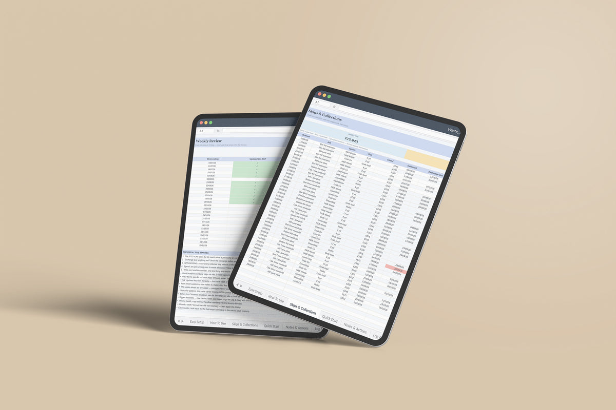 Waste Skip Tracker Excel template on an iPad Pro