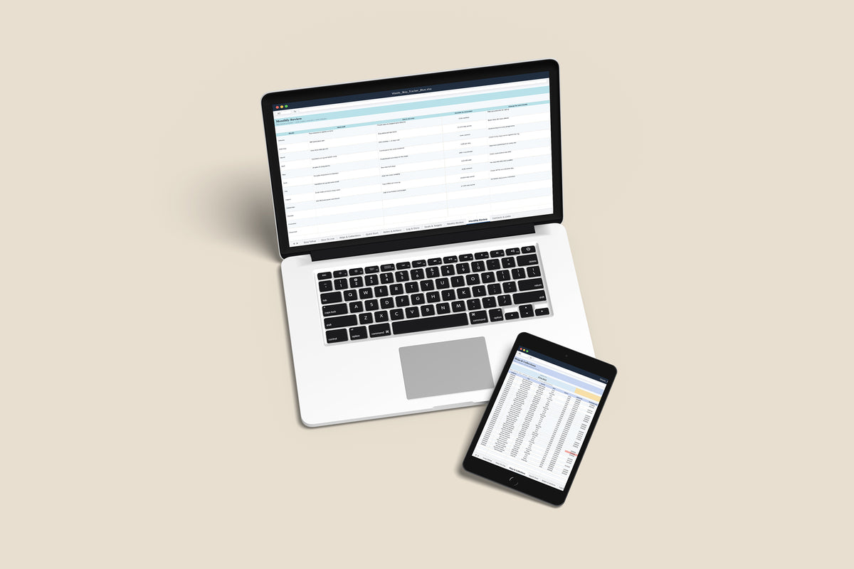 Waste Skip Tracker Excel template on a MacBook and iPad, second view