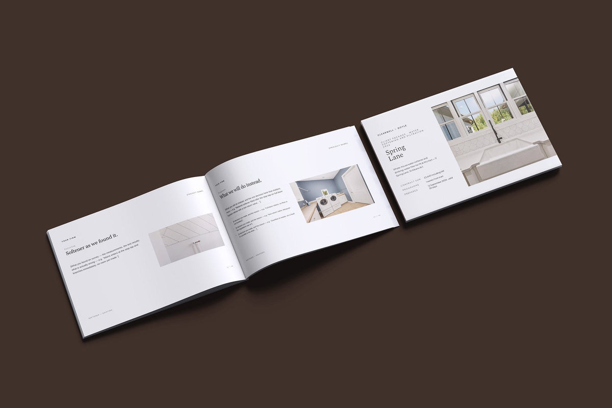 Water Softening and Filtration Client Package, Ivory colourway, cover and inside spread mockup