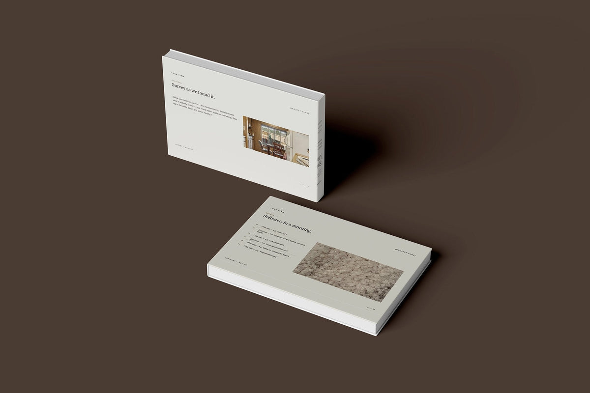 Water Softening and Filtration Client Package, Oat colourway, floating books mockup
