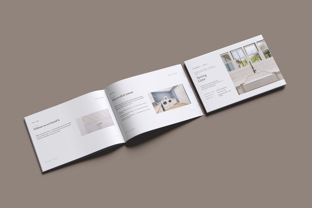 Water Softening and Filtration Client Package, Oat colourway, cover and inside spread mockup