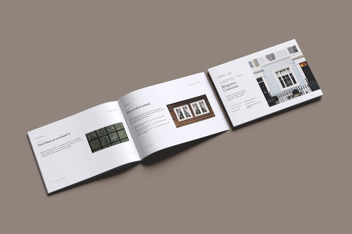 Window Cleaning Client Package, Ivory colourway, cover and inside spread mockup