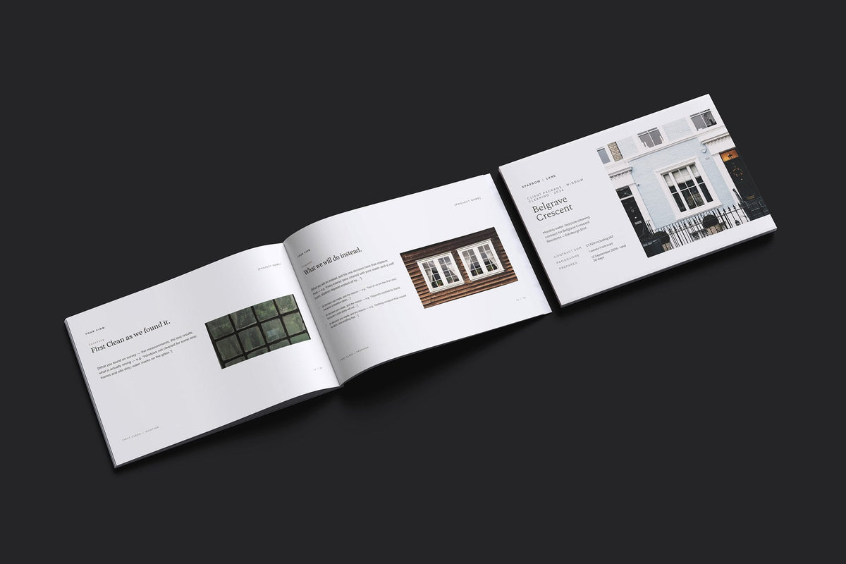 Window Cleaning Client Package, Oat colourway, cover and inside spread mockup