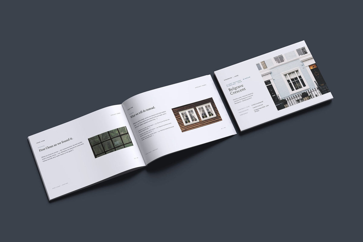 Window Cleaning Client Package, Slate colourway, cover and inside spread mockup