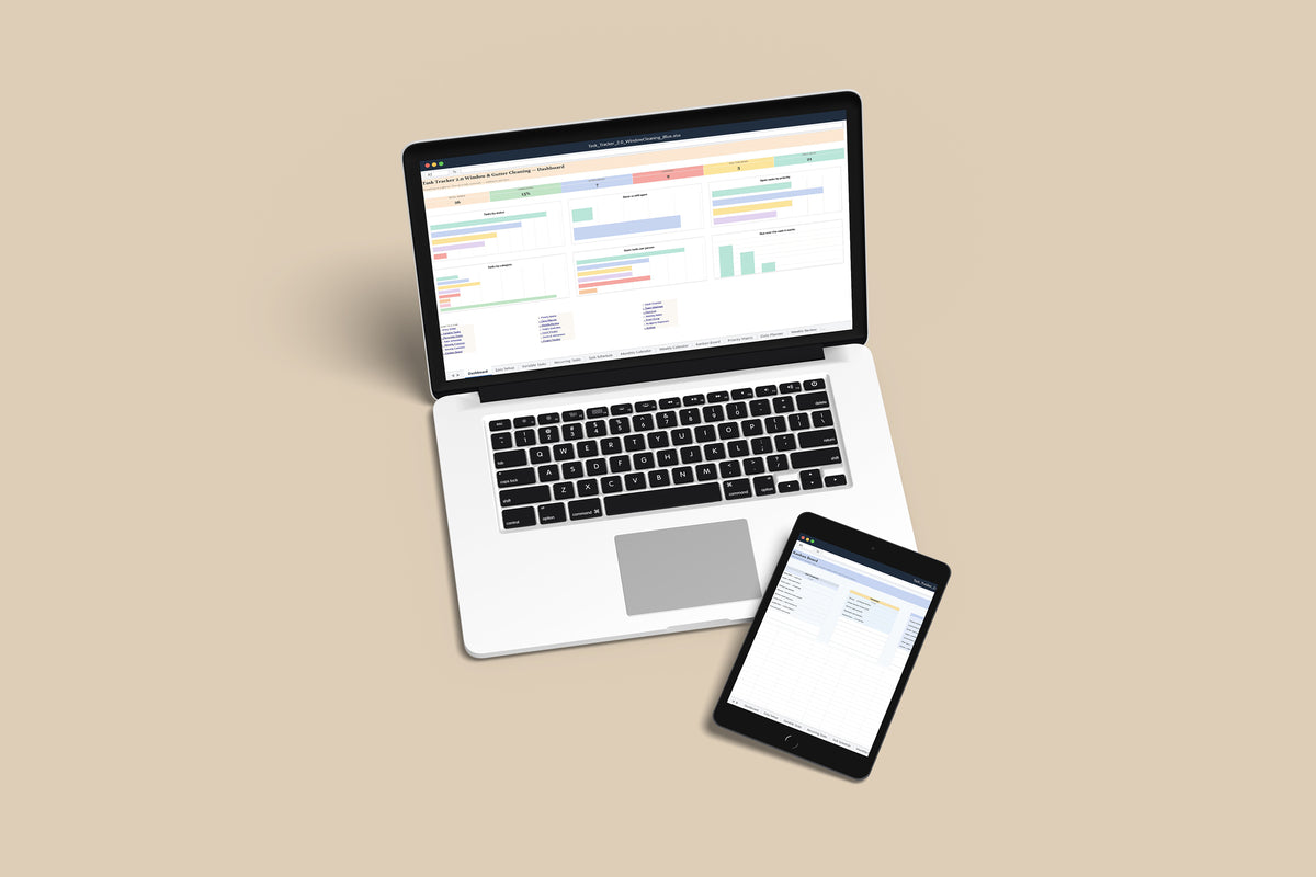 Task Tracker 2.0 - Window Cleaning Excel template on a MacBook and iPad