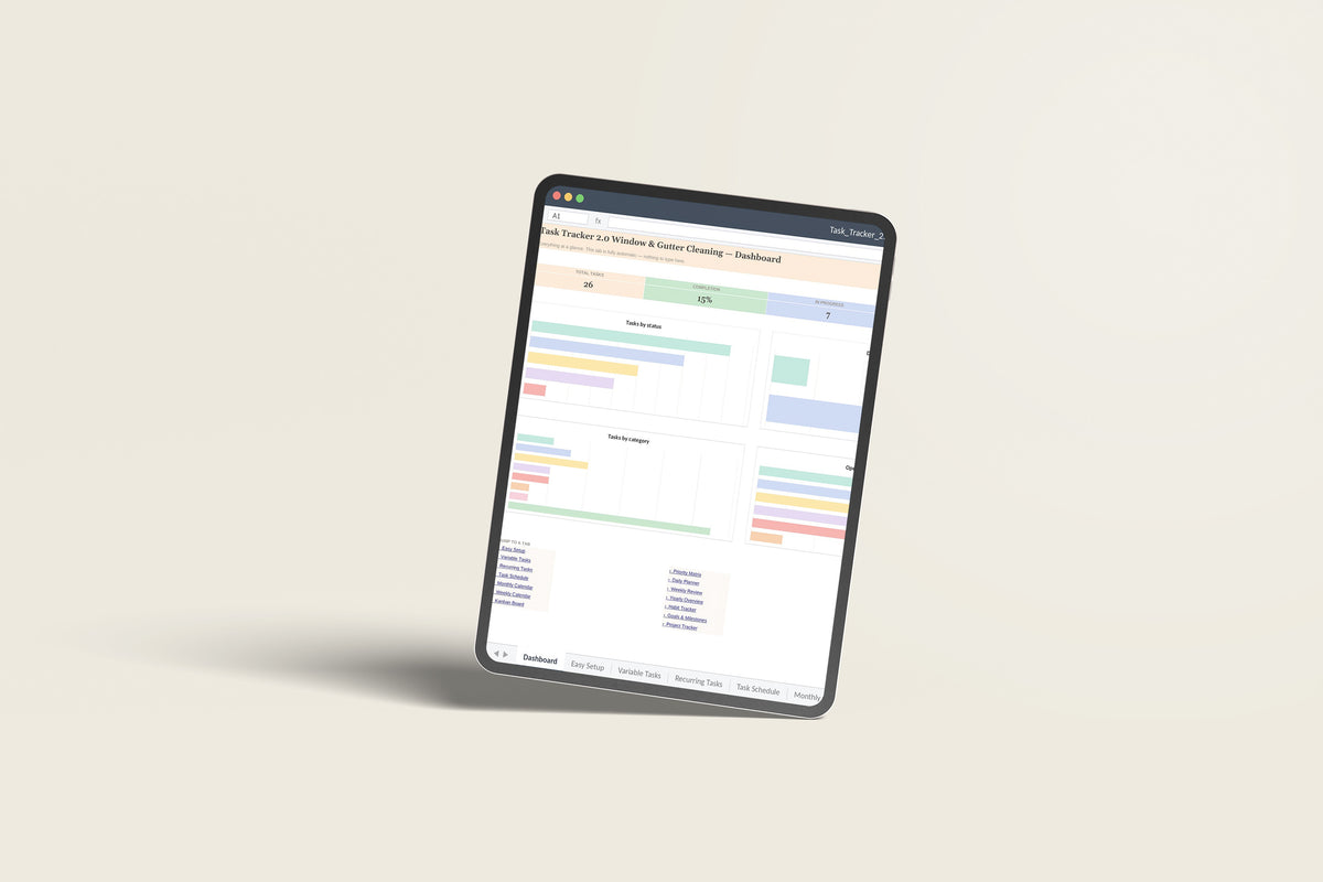 Task Tracker 2.0 - Window Cleaning Excel template on an iPad Pro