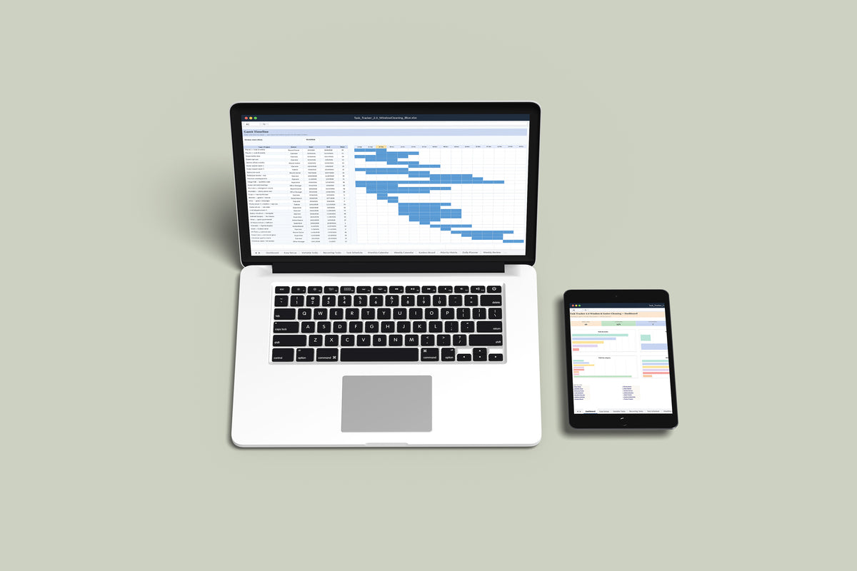 Task Tracker 2.0 - Window Cleaning Excel template on a MacBook and iPad, second view