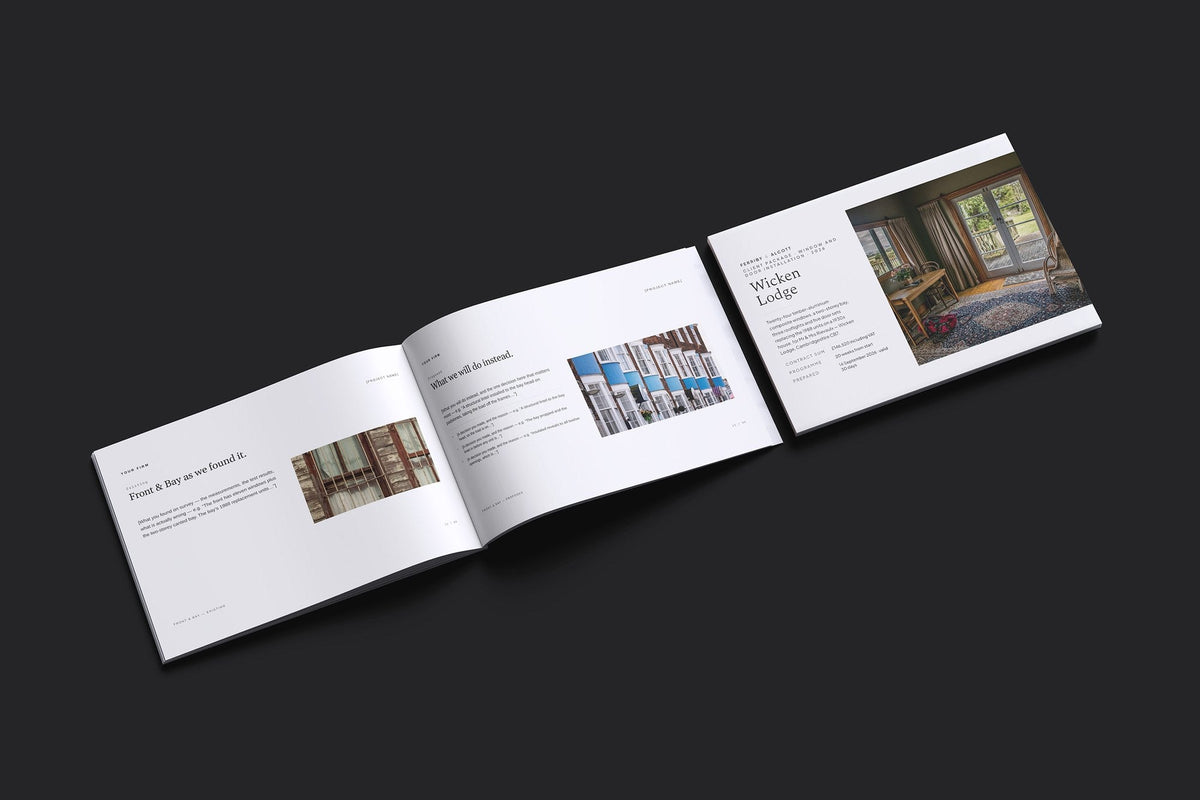 Windows and Doors Client Package, Ivory colourway, cover and inside spread mockup