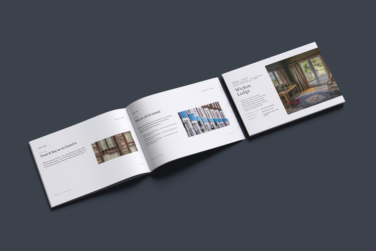 Windows and Doors Client Package, Standard colourway, cover and inside spread mockup