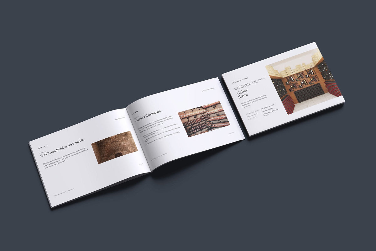 Wine Cellar and Cold Room Client Package, Ivory colourway, cover and inside spread mockup