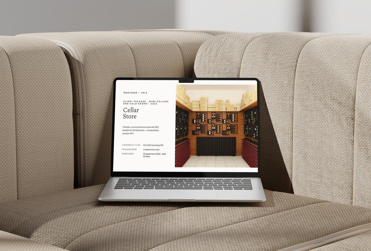 Wine Cellar and Cold Room Client Package, Ivory colourway, laptop screen mockup