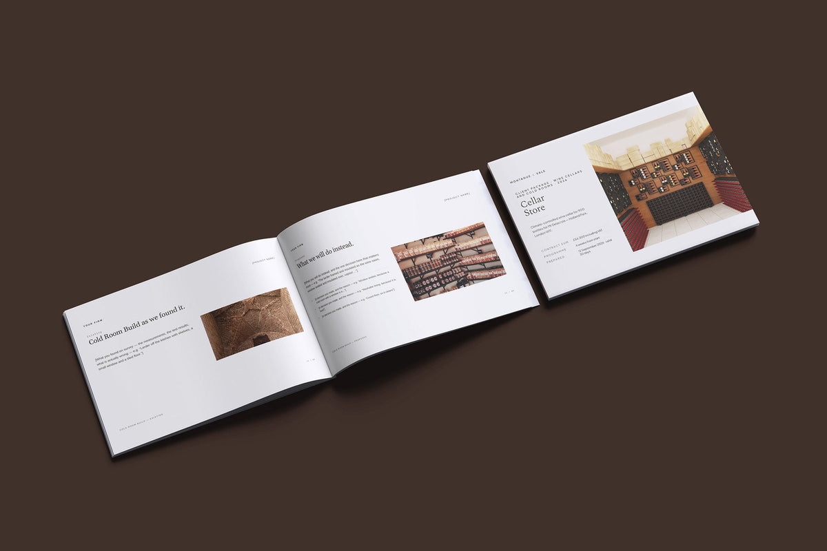 Wine Cellar and Cold Room Client Package, Oat colourway, cover and inside spread mockup