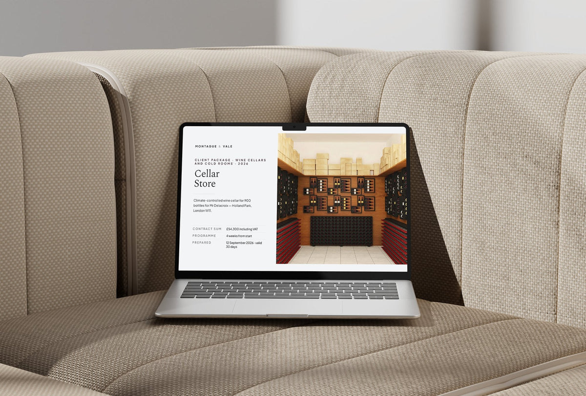 Wine Cellar and Cold Room Client Package, Slate colourway, laptop screen mockup