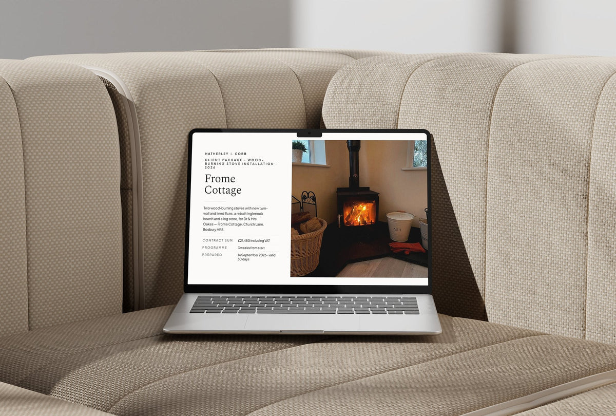 Wood Burning Stove Client Package, Ivory colourway, laptop screen mockup