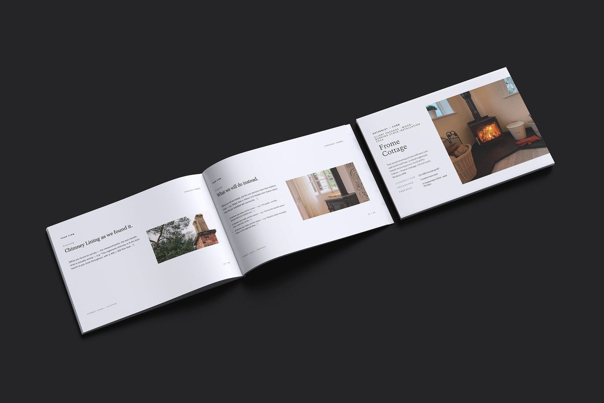 Wood Burning Stove Client Package, Slate colourway, cover and inside spread mockup