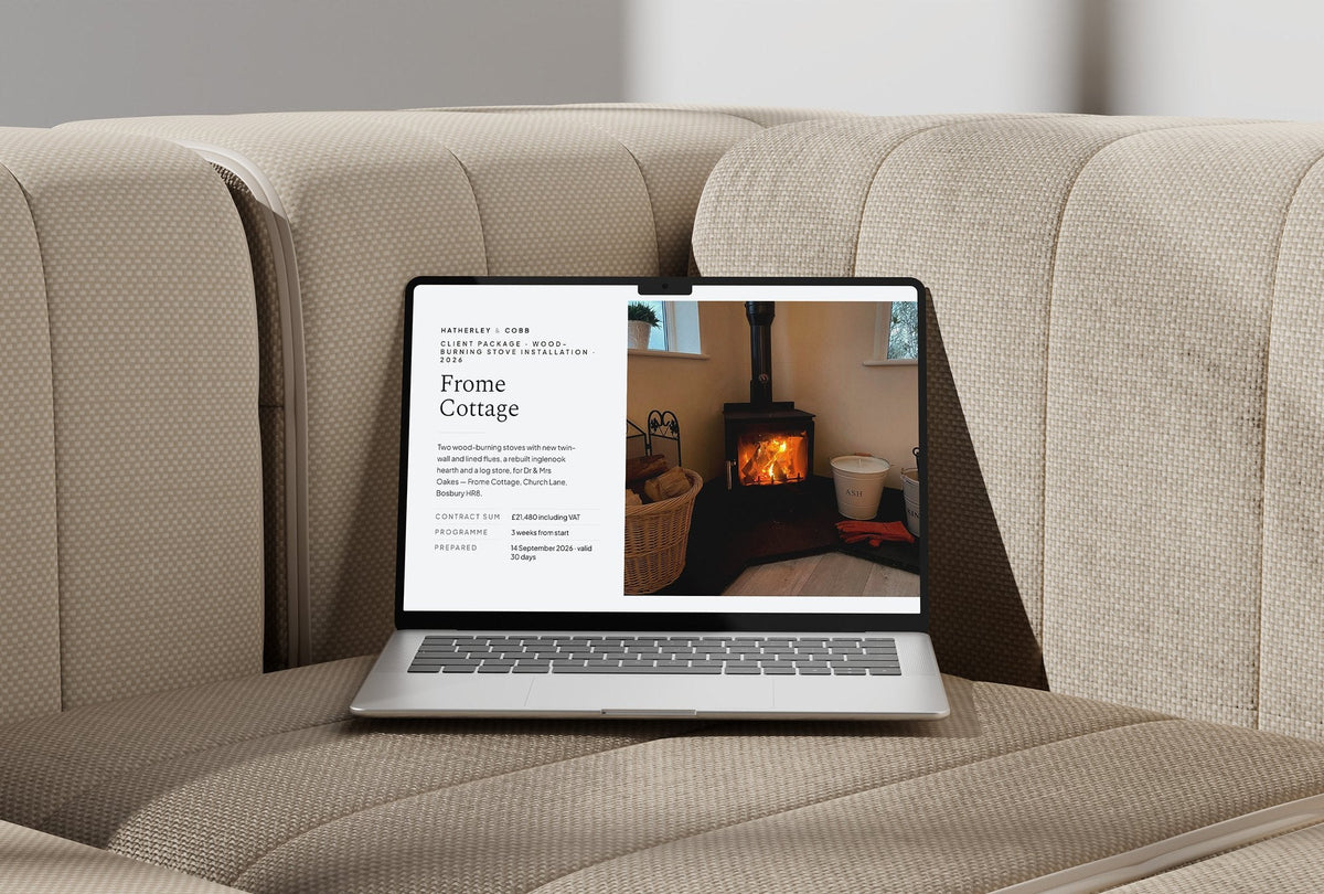 Wood Burning Stove Client Package, Slate colourway, laptop screen mockup