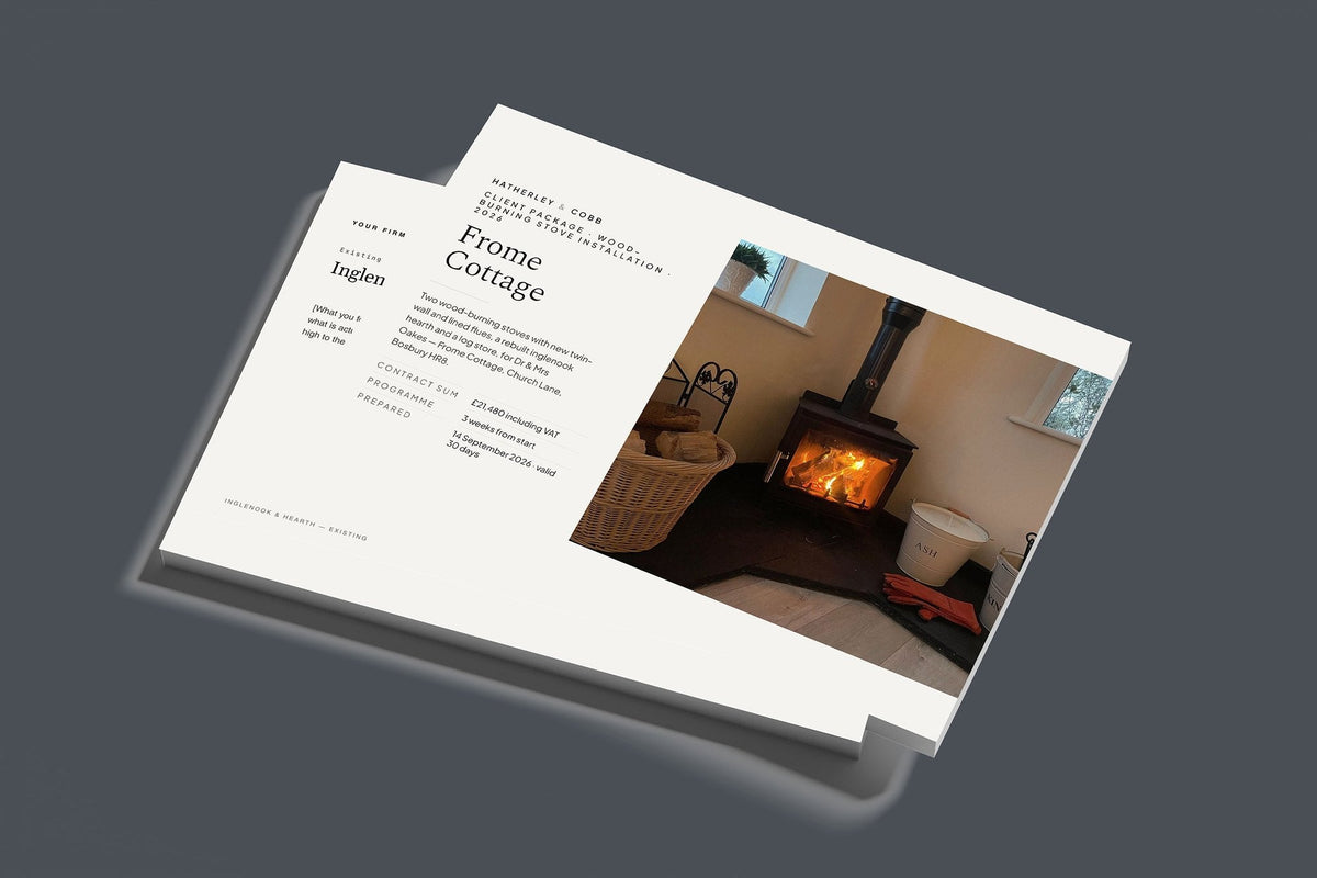 Wood Burning Stove Client Package, Standard colourway, stacked books mockup