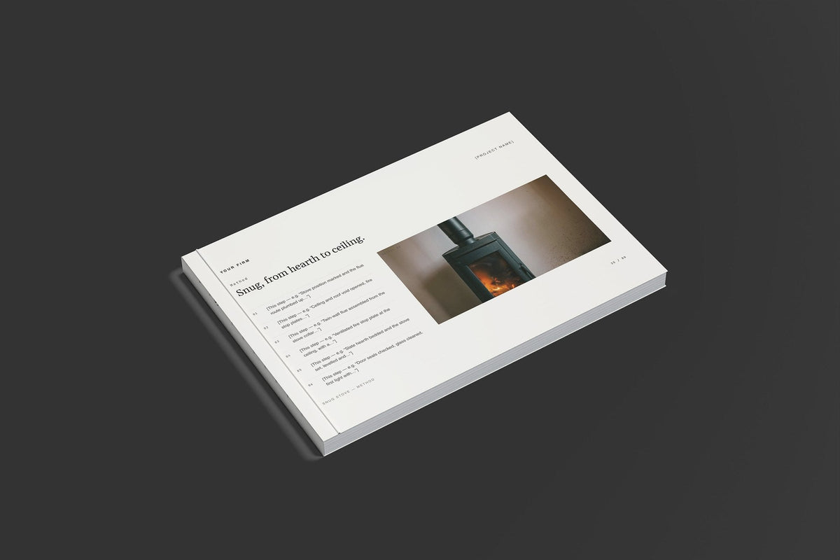 Wood Burning Stove Client Package, Standard colourway, closed magazine mockup