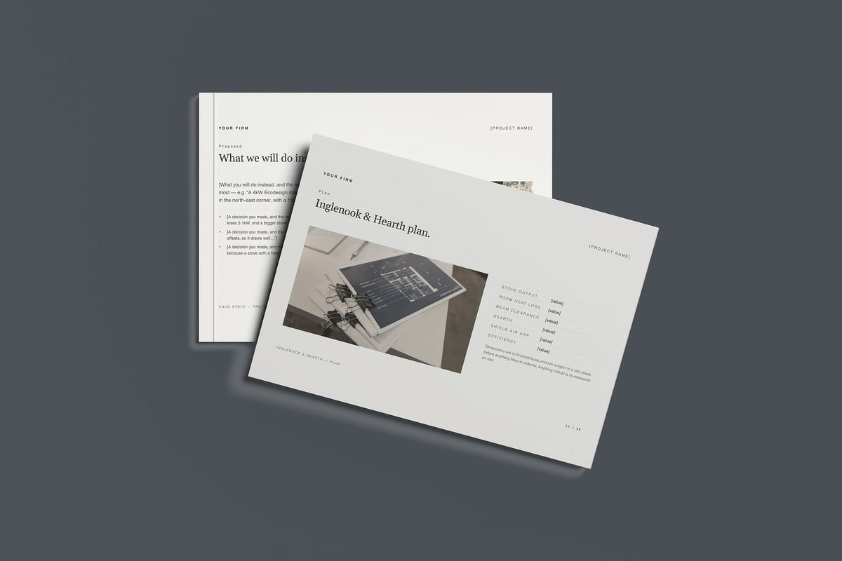 Wood Burning Stove Client Package, Standard colourway, front and back cover mockup