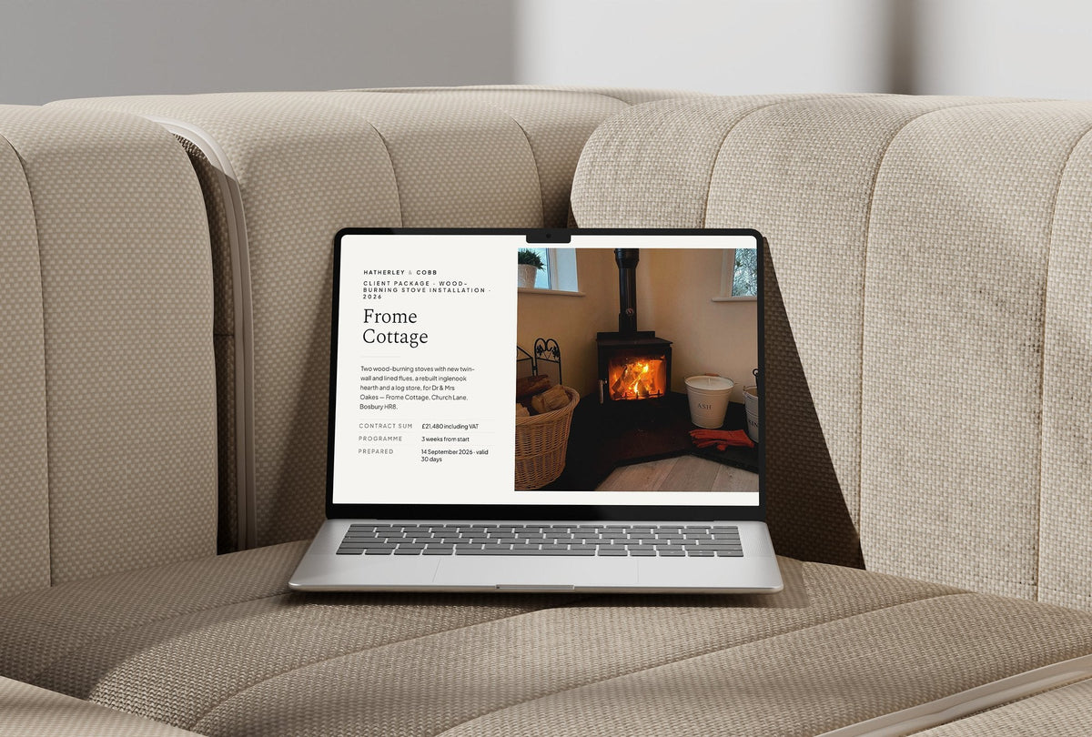 Wood Burning Stove Client Package, Standard colourway, laptop screen mockup